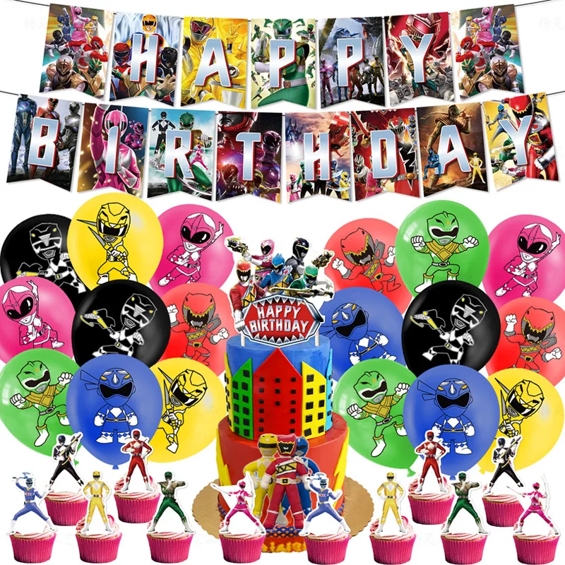 

Powered Rangering Anime Figures Party Supplies Latex Ballon Cake Topper Banner Party Decoration Heros Warrior Birthday Gift