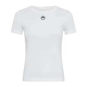 Retro Women's T-Shirt Summer Casual Slim Fit Short Sleeve Round Neck Solid Color Top Innerwear with Embroidered Moon Design 1