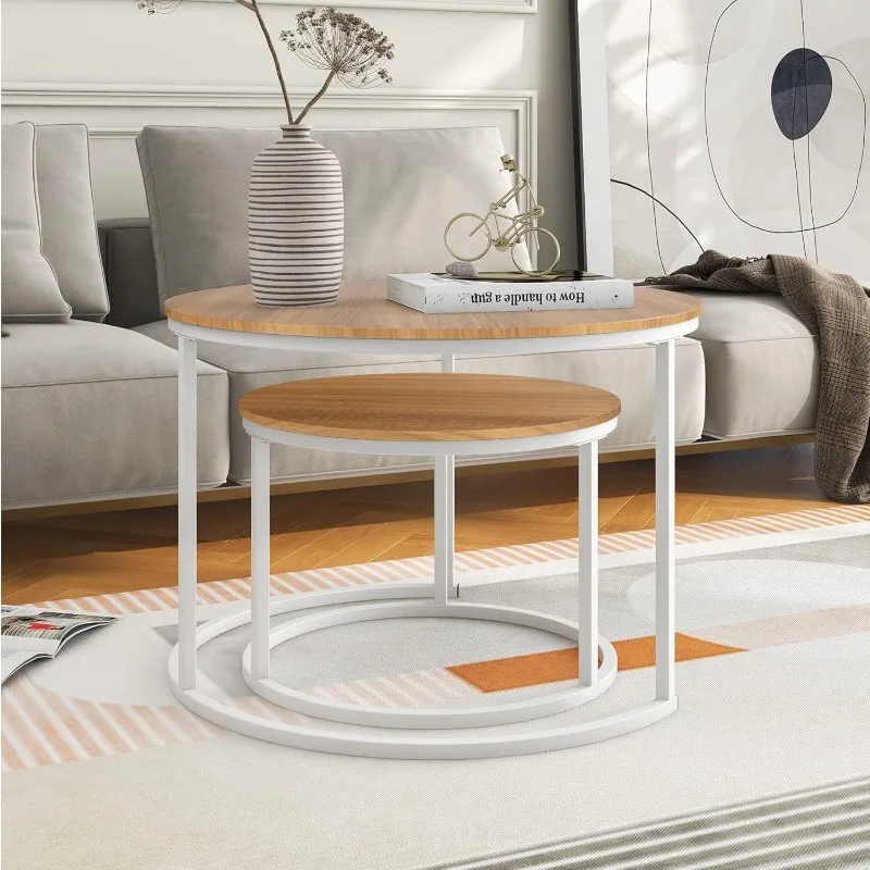 Industrial Round Coffee Table Set of 2 End Table for Living Room,Home Office,Stacking Side Tables,Wood Look Accent Furniture 3