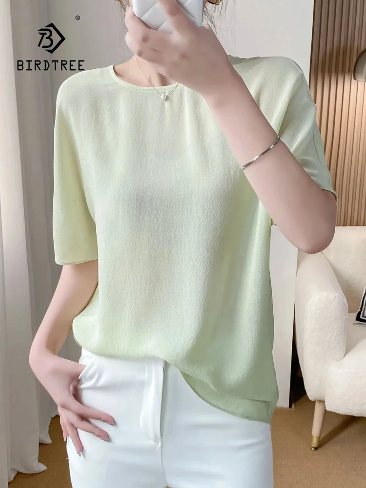 

Birdtree Crepe Round Neck Bat Sleeves T-Shirts,2024 Spring Summer New Chic Top,19MM 100%Mulberry Silk Women Blouses T38905QC