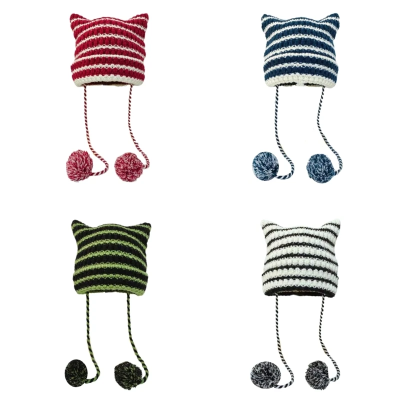 

Girl Y2K-theme Party Hat Knitted Hat Balaclava Hat Thicken Devil Hat Striped Hat Harajuku Photo Prop