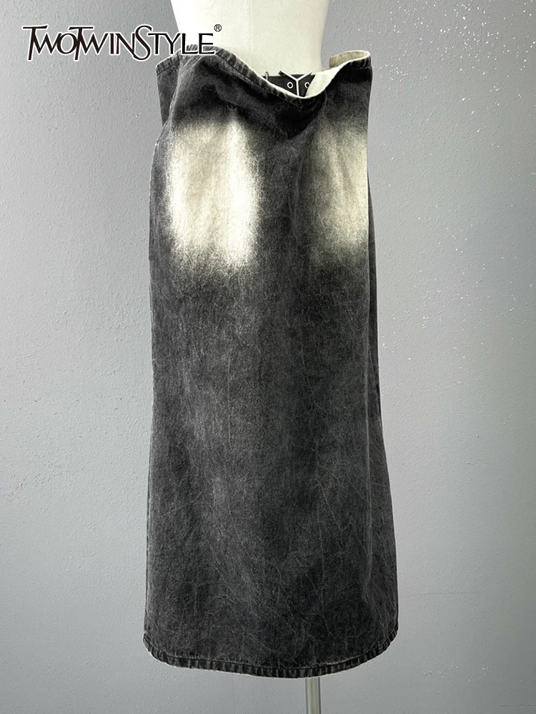 

TWOTWINSTYLE Loose Chic Denim Skirts For Women High Waist Hit Color Patchwork Belt Streetwear A Line Skirt Female Fashion 2023