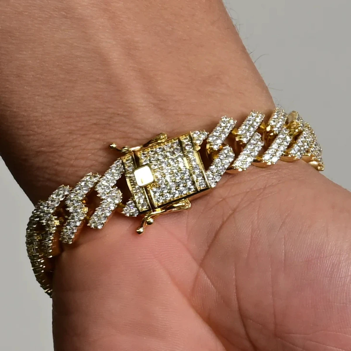 Dubss 14mm Miami Cuban Link Prong Bracelet Gold Color Iced Out Cubic Zirconia Rock Hip hop Style Men's Jewelry