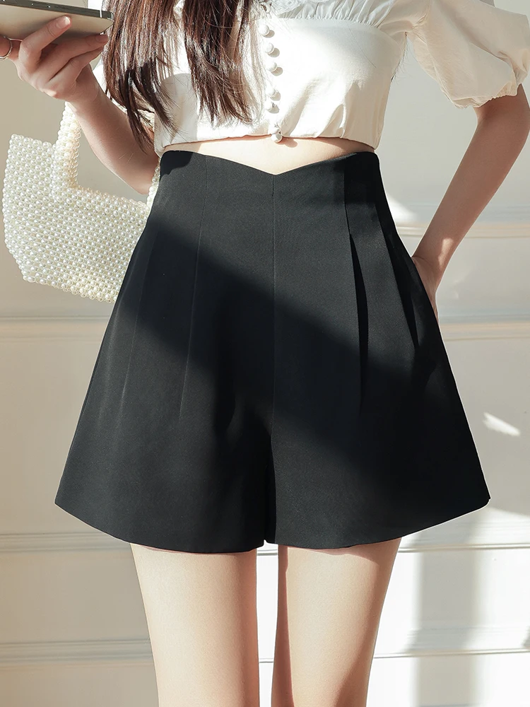 QOERLIN Black White Irregular Waist A-Line Wide Leg Shorts Loose Casual Plain Pocket Y2K Shorts Female 2023 New Korean Fashion
