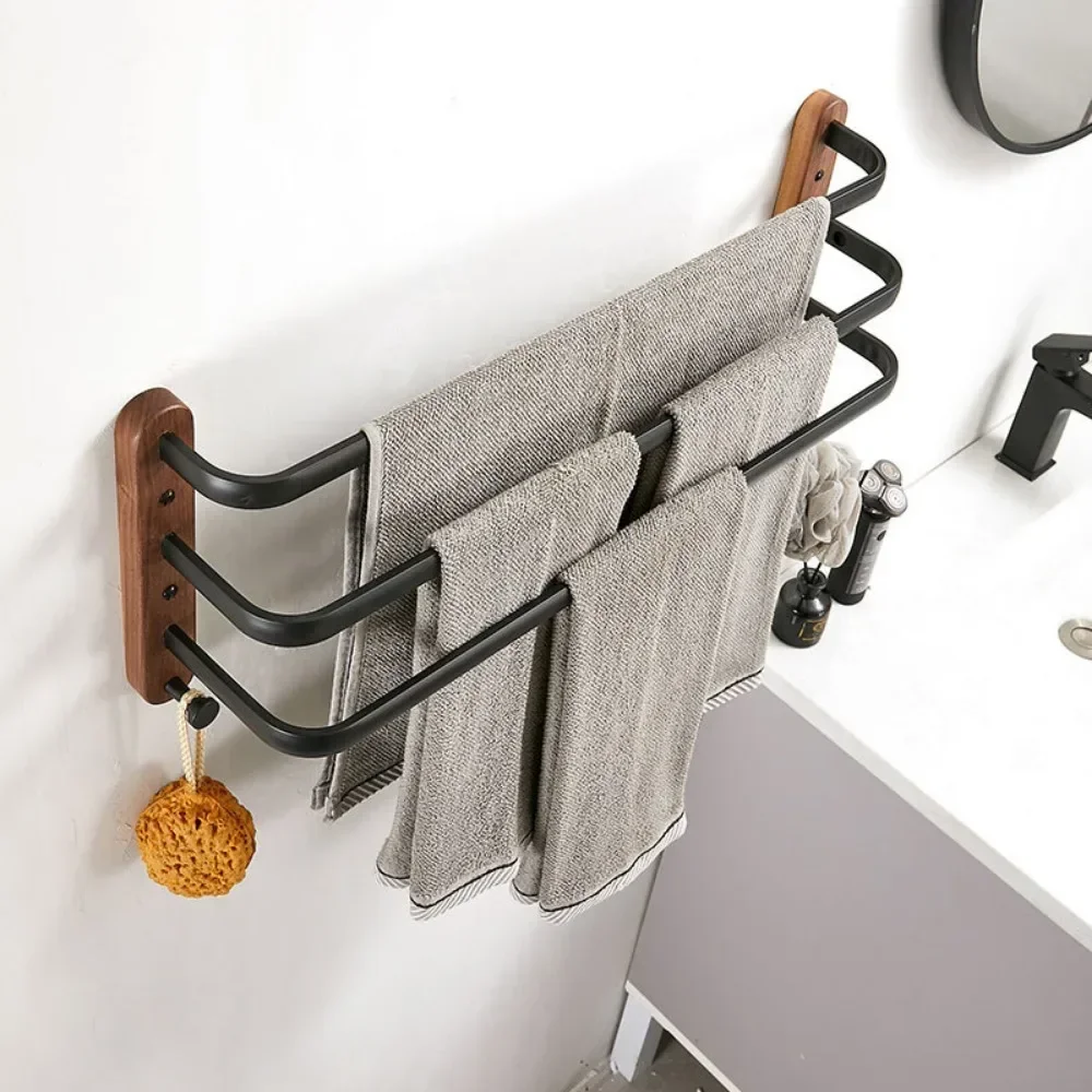 Three Rods Walnut Solid Wood Space Aluminum Towel Rack Bathroom Accessories Shower Towel Bar Wall Mounted Black Towels Shelves