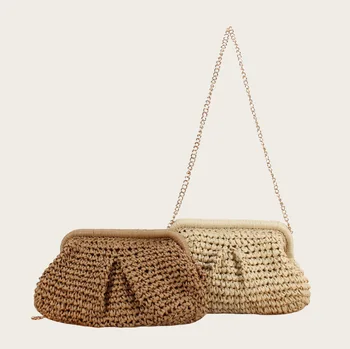 2025 New Women Straw Woven Bag Chain Strap Straw Clutch Purse Large Capacity Stylish Crossbody Bag Solid Color for Summer Beach 1