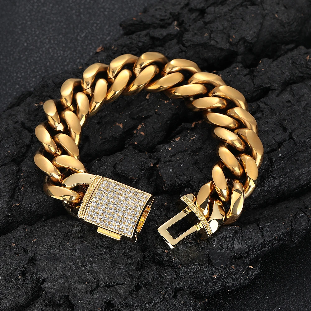 18MM Stainless Steel Cuban Chain With Bling Copper Cubic Zirconia Clasp  18k Gold Plated Hip Hop Cuban Bracelet Jewelry For Men