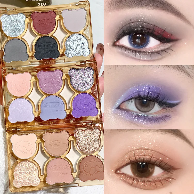 

6 Colors Cute Baby Bear Eyeshadow Palette Matte Glitter Lavender Purple Makeup Palette Black Gray Eyeshadow Makeup Cosmetics