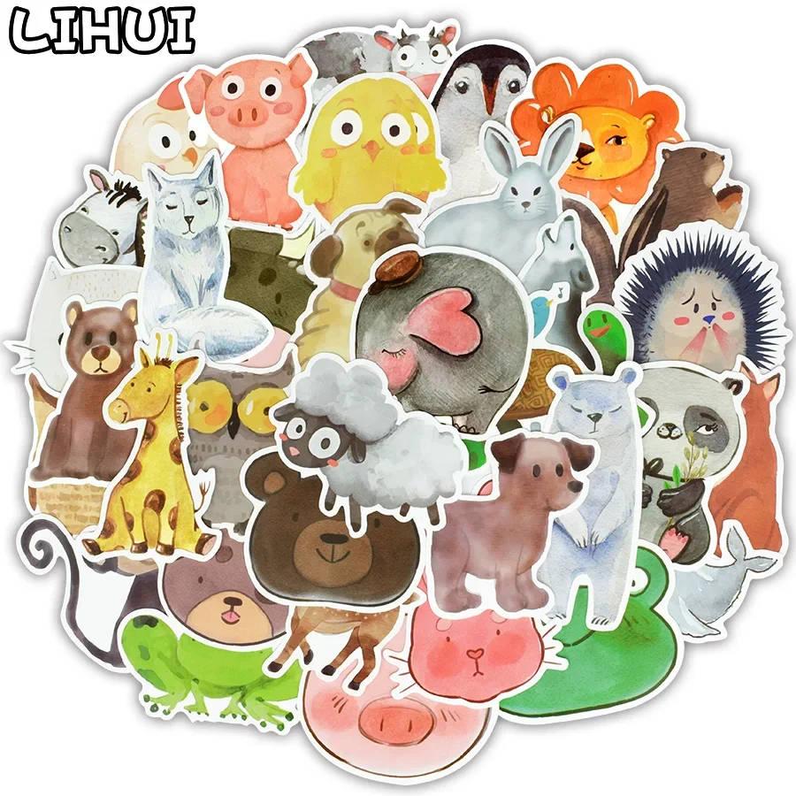 50 PCS Colorful Animals Sticker Toys For Children Watercolor Cute Anime Cartoon Decal Stickers to DIY Laptop Luggage Skateboard