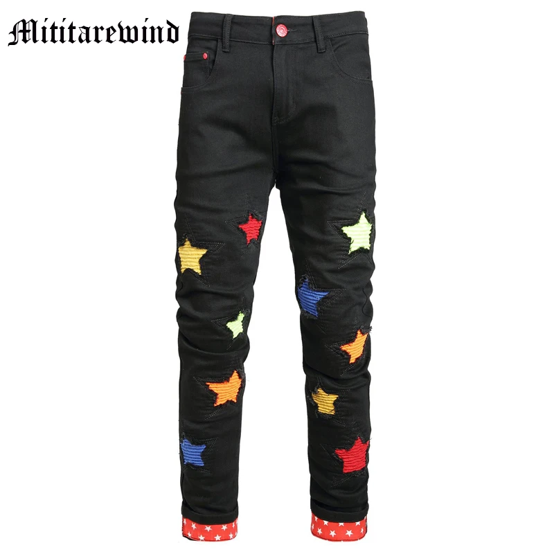 

European Style Streetwear Men's Slim Jeans Black Simple Stars Print Design Four Seasons Denim Pants Casual High Street Trousers