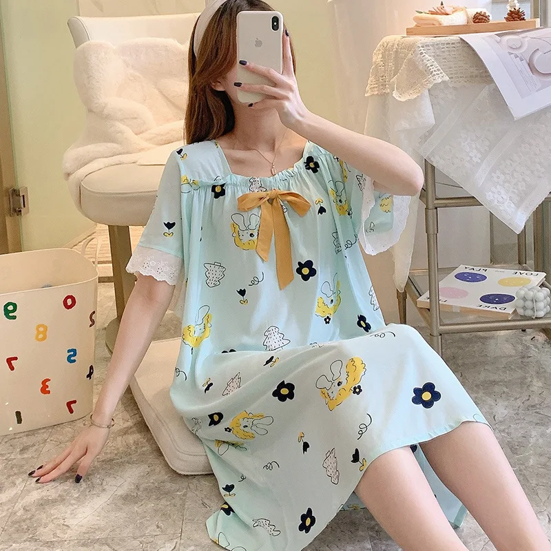 

Fdfklak Printed Short Sleeve Nightgowns For Women New Casual Cotton Rayon Sleepwear Dress Female Nightwear Night Shirt Bow