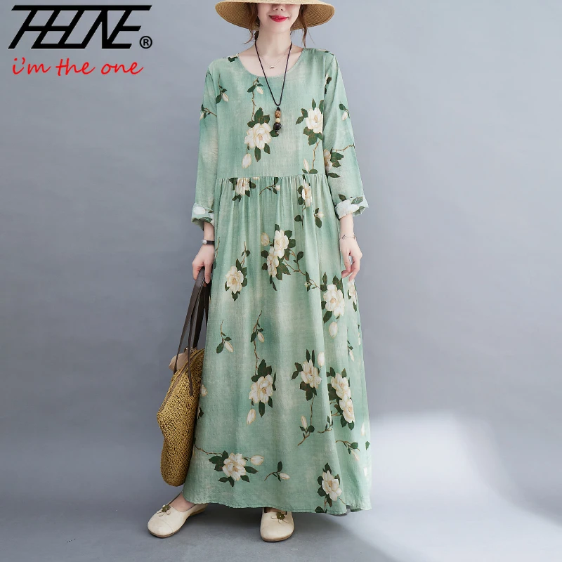 

Long Sleeve Dresses for Women 2023 Autumn Winter Floral Robe Maxi Vintage Bohemian feminino Loose Cotton Linen Casual Print