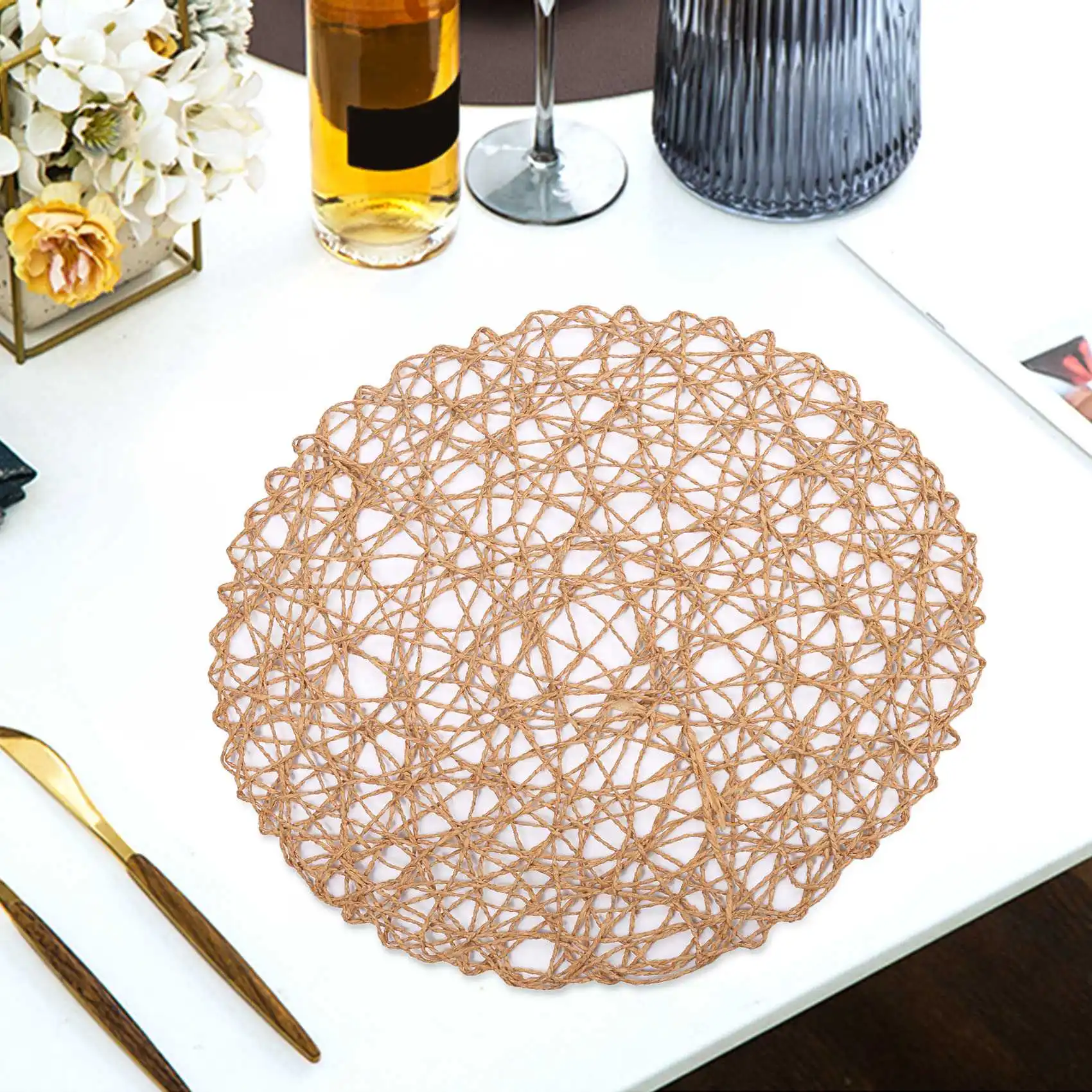 

Round Paper Woven Placemats,Decorative Rope Mesh Place Mats for Dining, Party and Wedding 12PCS
