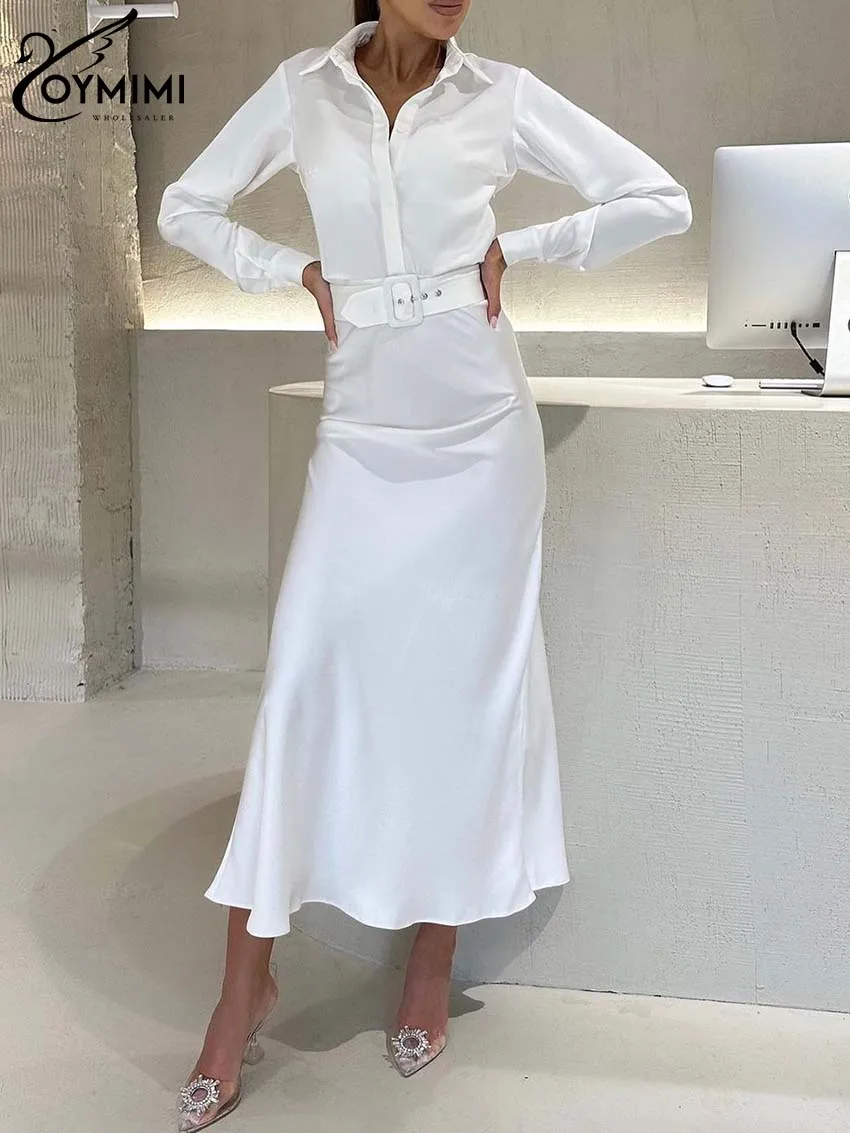 

Oymimi Elegant White Sashes Womens Dresses Fashion Lapel Long Sleeve Button Dresses Casual Straight Mid-Calf Dress Streetwear