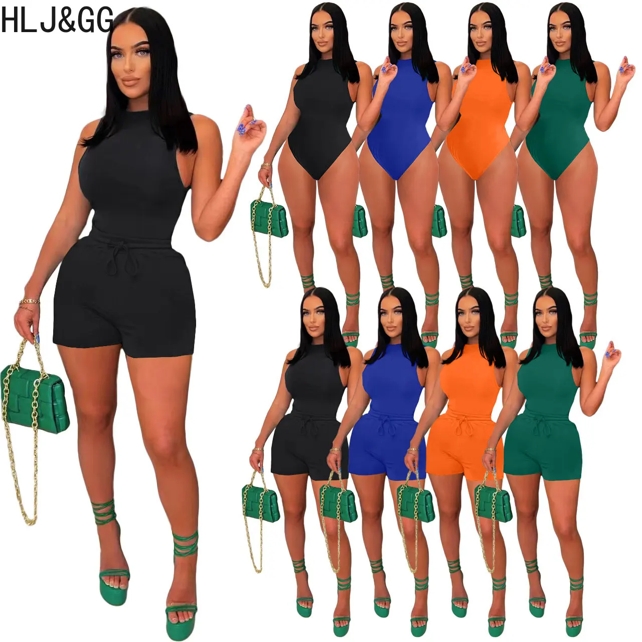 

HLJ&GG Casual Solid Color Sleeveless Bodysuits And Shorts Tracksuits Women Matching 2pcs Outfits Summer Sporty Two Piece Sets