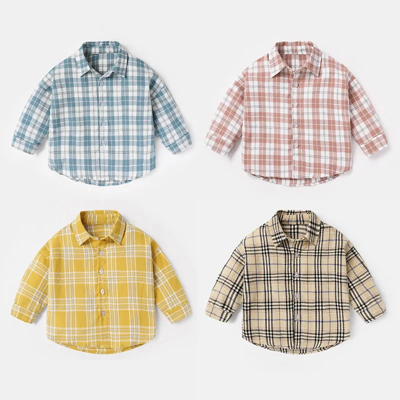 Spring Autumn Infant Baby Boys T-shirts Cotton Plaid Long Sleeve Toddler Boys Tees Turn Down Collar Newborn Outerwear Coats