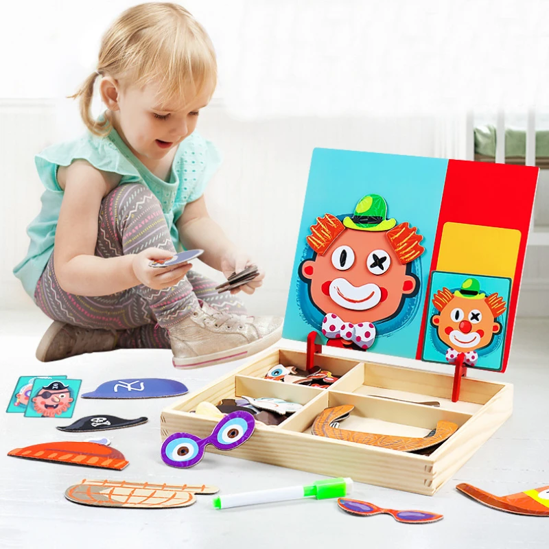 100+Pcs Wooden Magnetic Puzzle Toys Children 3D Puzzle Figure/Animals/ Vehicle /Circus Drawing Board Learning Wood Toys Gifts