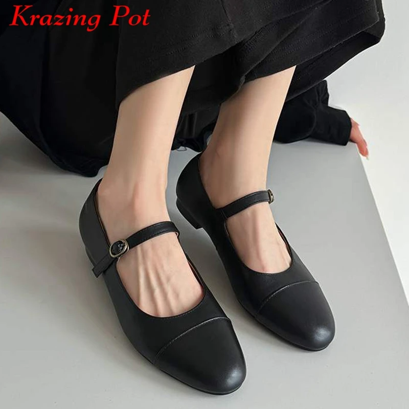 

Krazing Pot Genuine Leather Low Heel Spring Brand Shoes Loafers Buckle Straps British School Mary Janes Preppy Style Women Pumps
