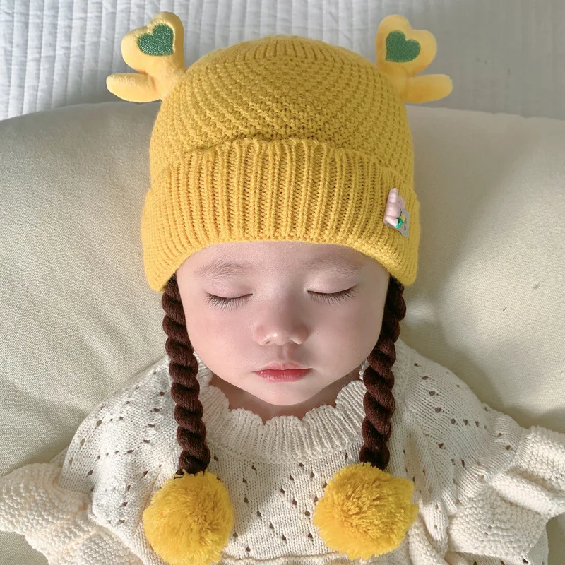 Baby hat autumn and winter cute warm ear protection knitted wool boys and girls baby hats 3
