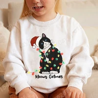 Christmas Light Cat Meowy Catmas Print Hoodless Pullovers Children New Fashion Solid Color Tops Round Neck Kids Girls Sweatshirt 2