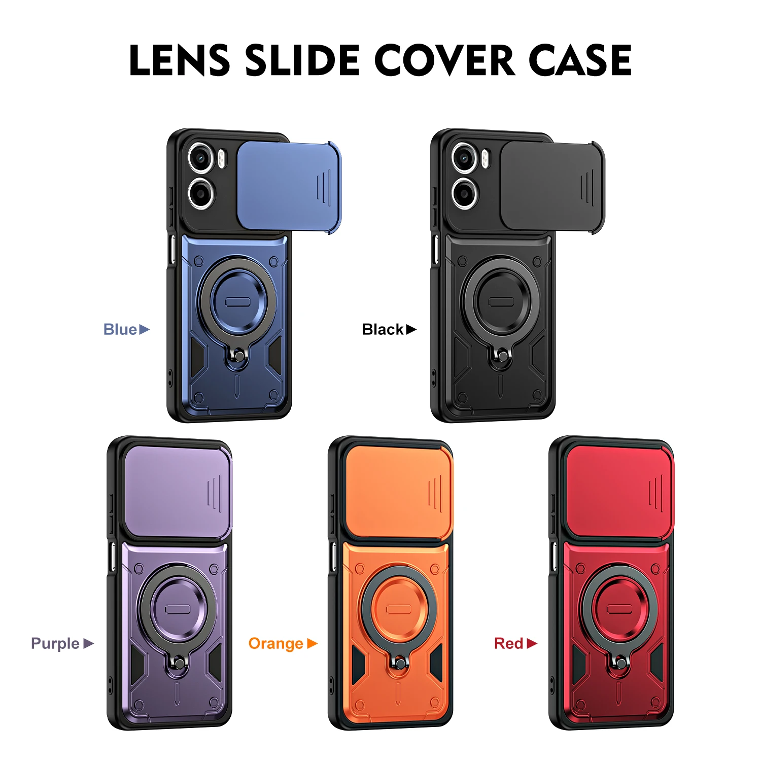 Rugged Armor Shockproof Phone Case with Slide Camera Lens Protection and Ring Stand