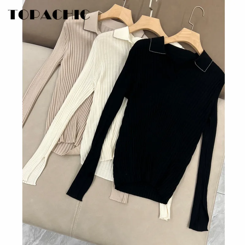 

9.19 TOPACHIC Comfortable Sweater Women's New Turn-down Collar Beading Chain Wool Bottoming Knitwear