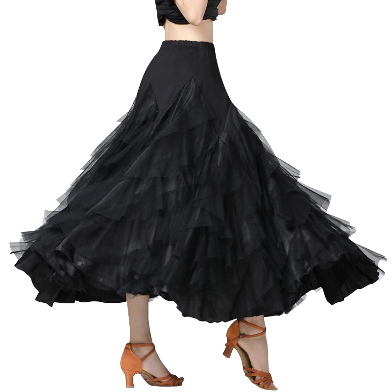 New Women's Modern Ballroom Dance Big Swing Skirt Elegant Satin Multi-Layer Color Matching Waltz Tango Latin Dancedress