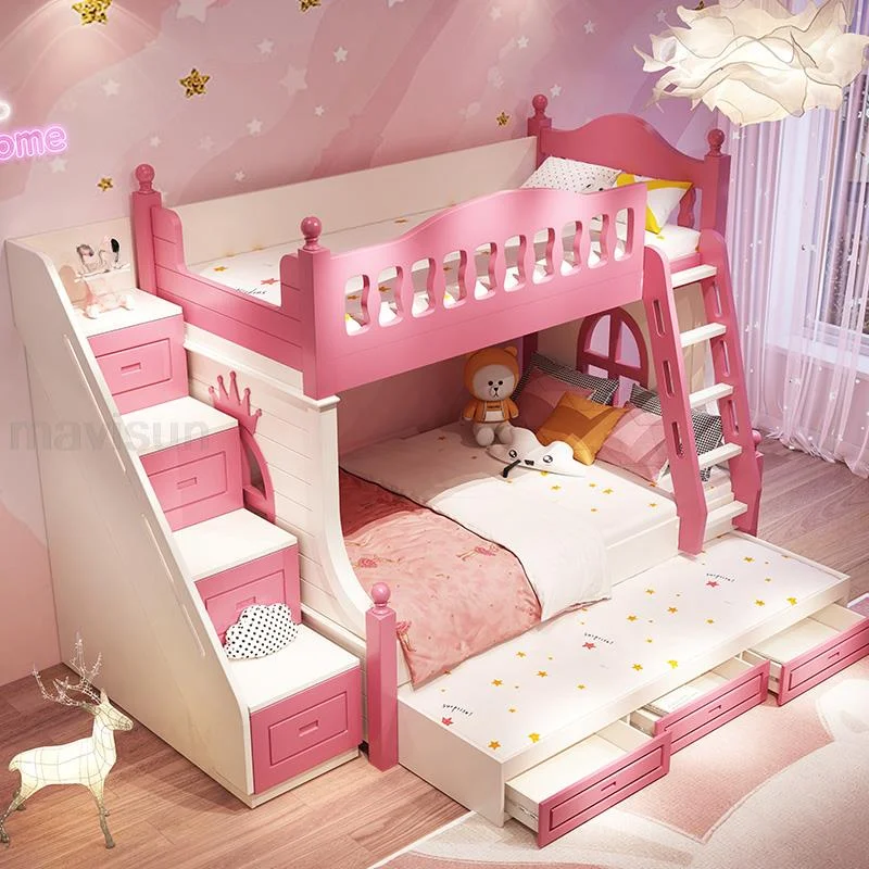 Cama Loft con cajones para niñas de 5 a 8 años, muebles creativos y  encantadores de dos pisos, color rosa, a la moda, gran oferta