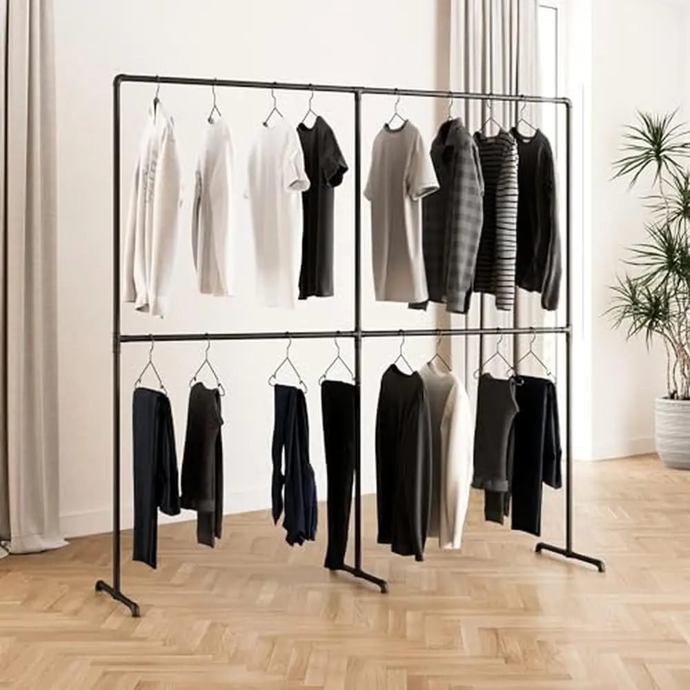 Industrial Double Freestanding Coat Rack Black Sturdy Walk-In