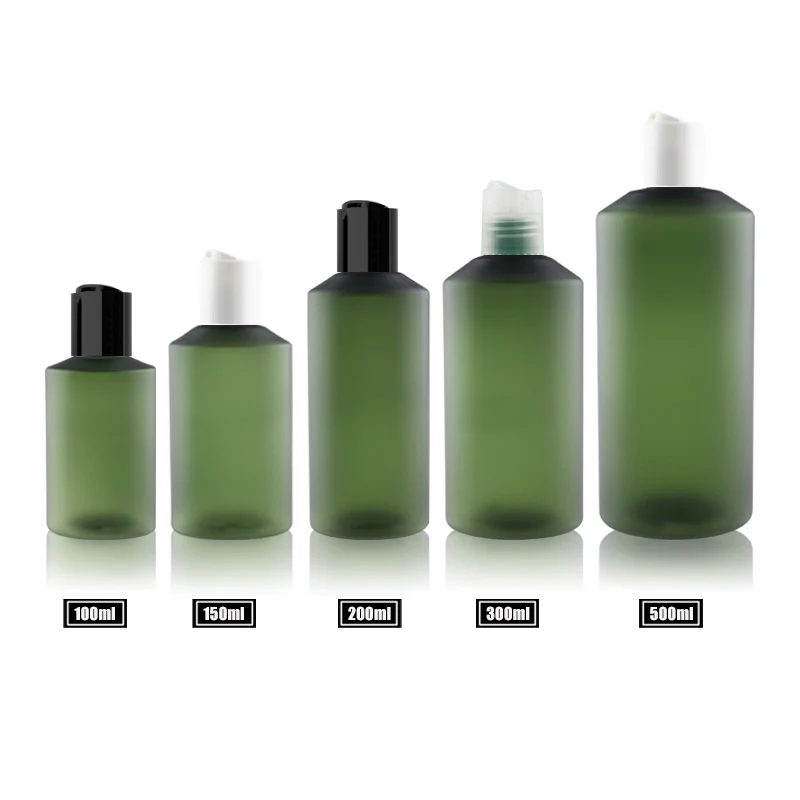 

10pcs 100ml 150ml 200ml 300ml 500ml Empty Frosted Green Plastic Bottle With Disc Cap For Shampoo Shower Gel Cosmetic Packaging