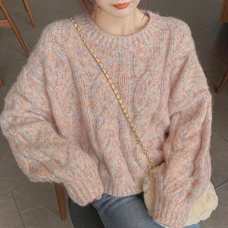 New Autumn Women's Crew Neck Long-sleeved Jumper Sweater Retro Winter Fashion Pink Loose Short Casual Knitwear Pullover Shirt
