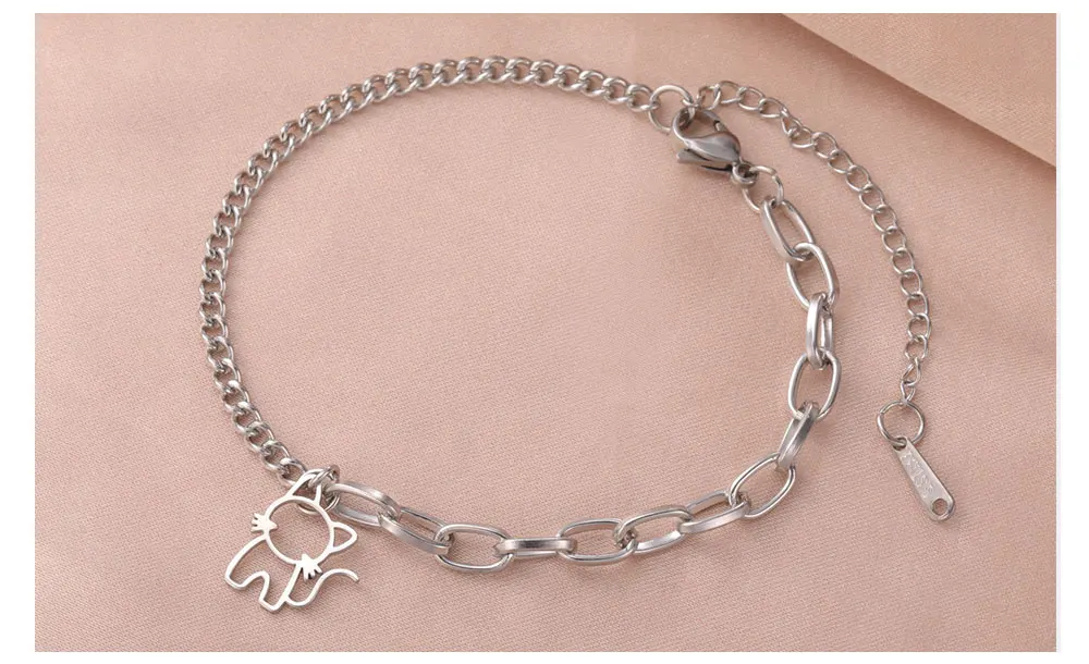 Trendy Cat Kitten Charm Bracelet for Women Stainless Steel Asymmetric Chain Bracelets - PeticaDeals