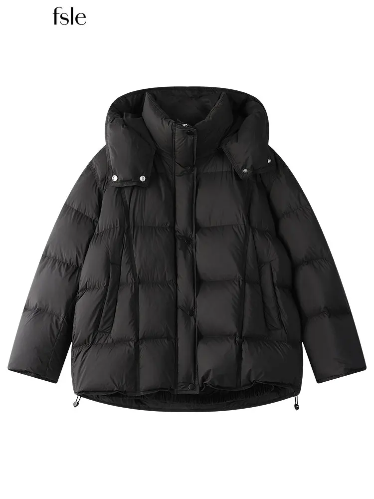 

FSLE Women White Goose Down Short Down Jackets 207G Filling Capacity Hooded Solid Winter Casual Loose Warm Down Jackets