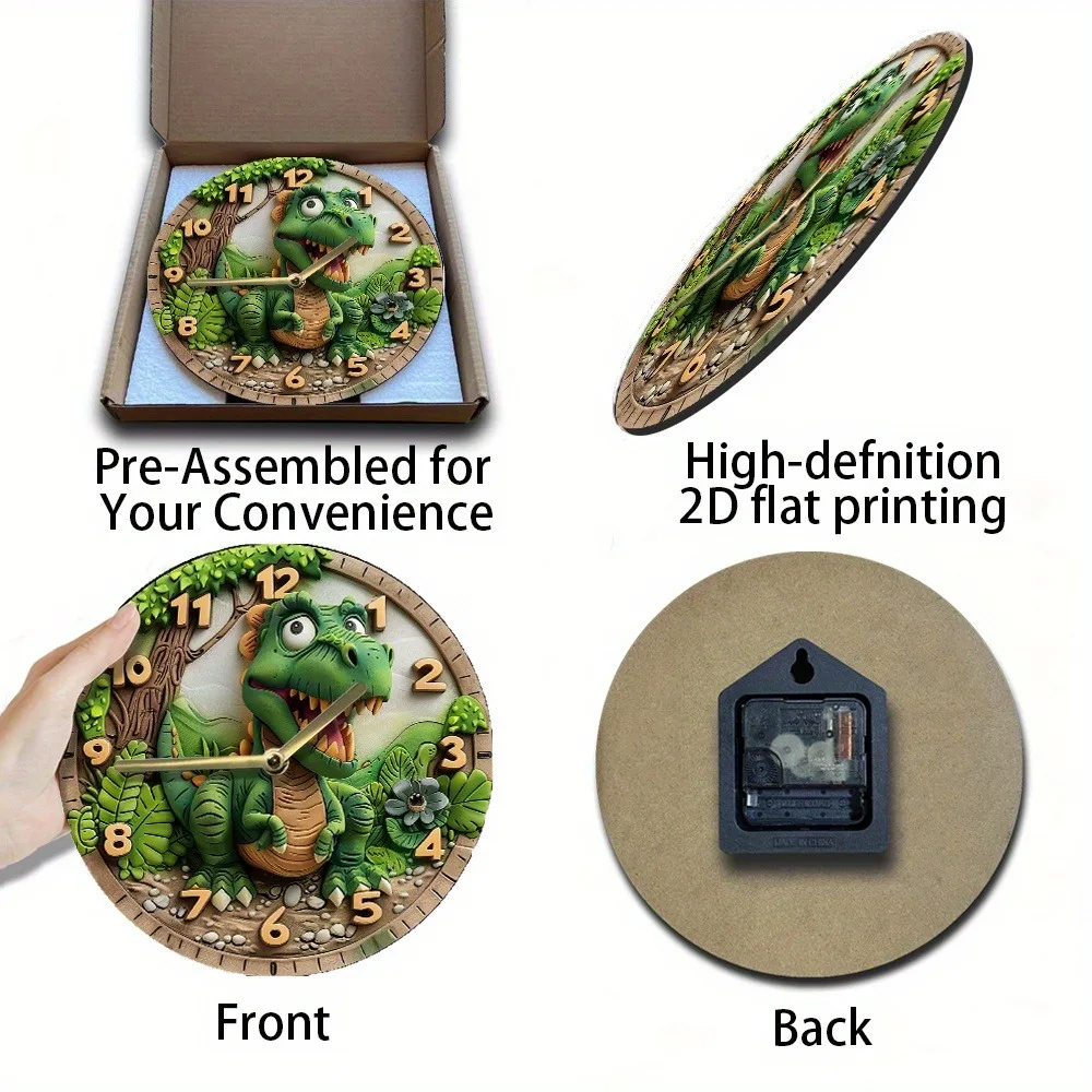 Cute dinosaur - themed wooden wall clock for kids' rooms or playrooms, takes AA batteries 3