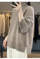 High-Necked Cashmere Sweater for Women, Autumn and Winter, 100% Cashmere, Slit, Lazy Raglan Sweater, Thickened with Soft Waxy Wo 1