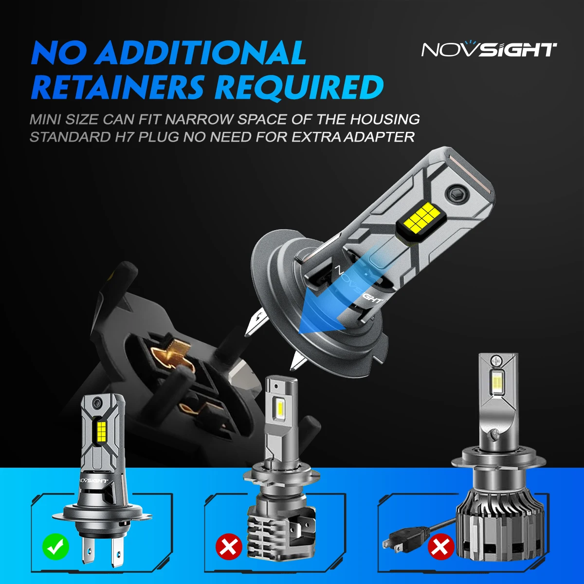 NOVSIGHT H7 LED Headlight Bulbs 60W 12000LM Mini Size 6500K White Lamps 800% Super Bright Plug and Play Led Lights for Car - AliExpress