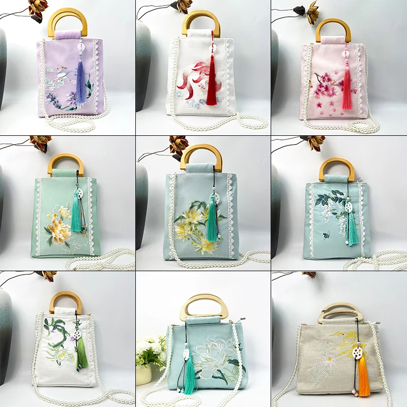 Ancient Chinese Style Hanfu Shoulder Bag Embroidered Crossbody Bag Cheongsam Pearl Handbag Satchel Retro Costume Accessories