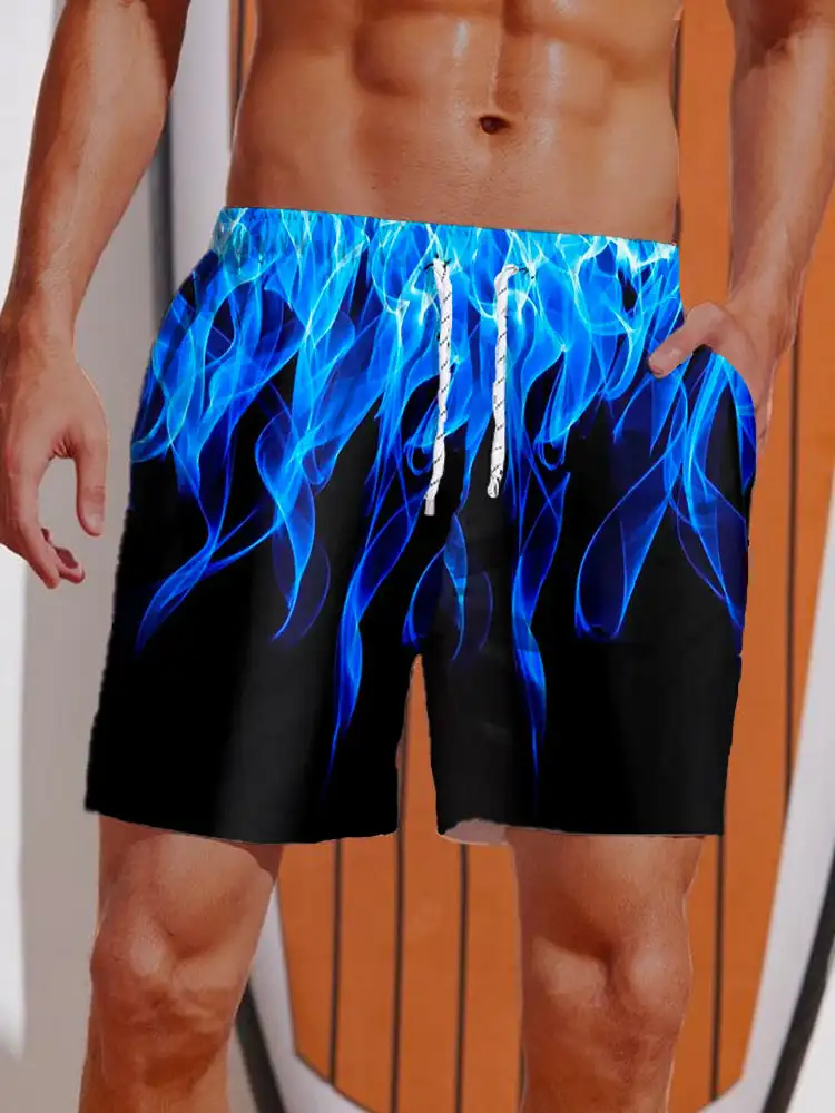 2024 Summer 3D Printed Striped Flame Printing Shorts Men's Board Shorts Swim Trunks Drawstring Breathable Short Hawaiian shorts 4