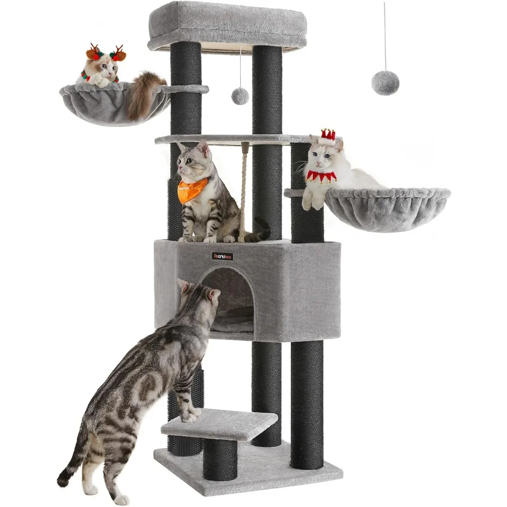

63-Inch Heavy-Duty Cat Tower with Self-Warming Pads, 2 Self-Groomers, 9 Scratching Posts, Large Cave, and Baskets, Gray & Black
