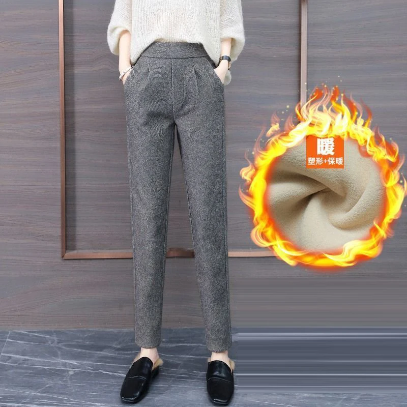 2023Winter Women Korean Fashion Woolen Elegant Pencil Pants Female Casual Solid Plush Thick Trousers High Waist Harem Pantalones