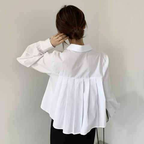 Korean Chic Blouse Women Turn-down Collar Back Pleated Shirts Loose Irregular Long Sleeve Tops Temperament Blusas Mujer