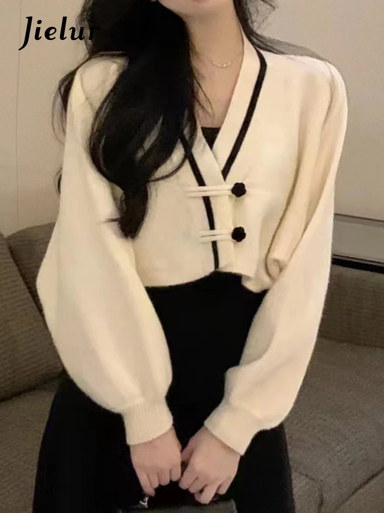 

Jielur китайский стиль V-neck Chic женского Кардиган заклинание цвет зимний свитер моды женщины Streetwear элегантный женский Кардиган
