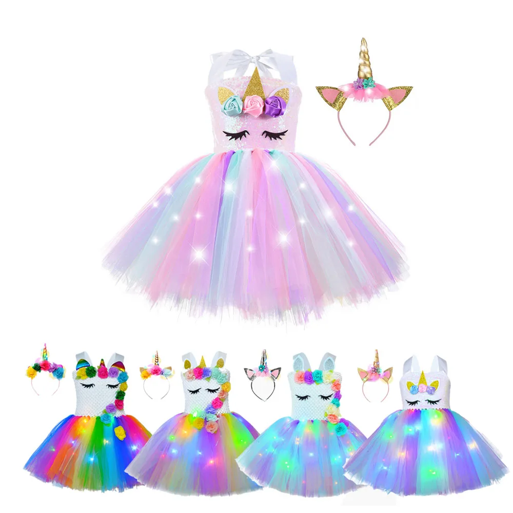 Vestidos de unicornio para niñas, Princesa, con luces LED, fiesta de cumpleaños, de Cosplay, Ropa para Niñas - AliExpress