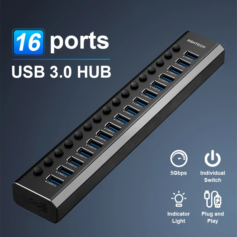 

RSHTECH Powered USB Hub Aluminum 10/13/16 Port Expander USB 3.0 Data Hub Splitter Individual on/Off Switches for Laptop Macbook