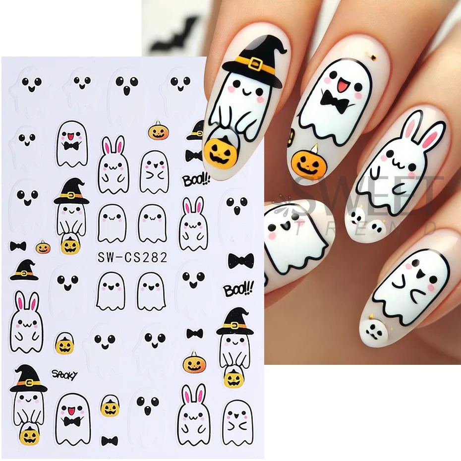 2pcs Halloween Nail Stickers Cartoon Black Ghost Pumpkin pattern Self-Adhesive Nail Decals DIY Charms Slider Manicure Decoration