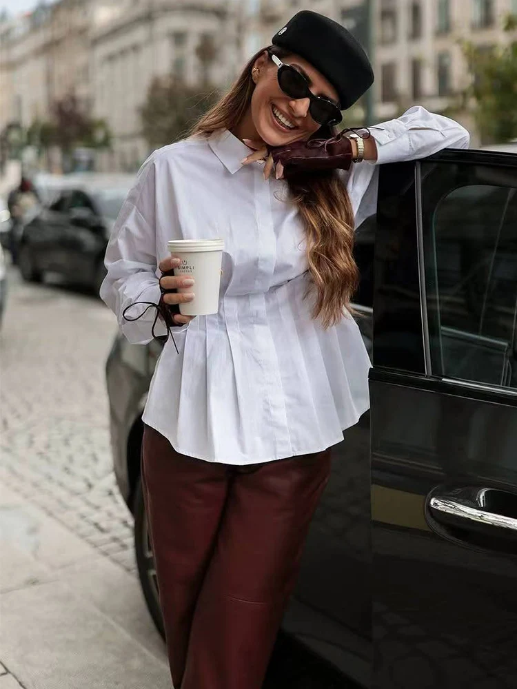 New Women Solid Pleated Blouses Spring Autumn Turn Down Collar Long Sleeve Fashion Causal Shirts Slim Fit Single Breasted Tops