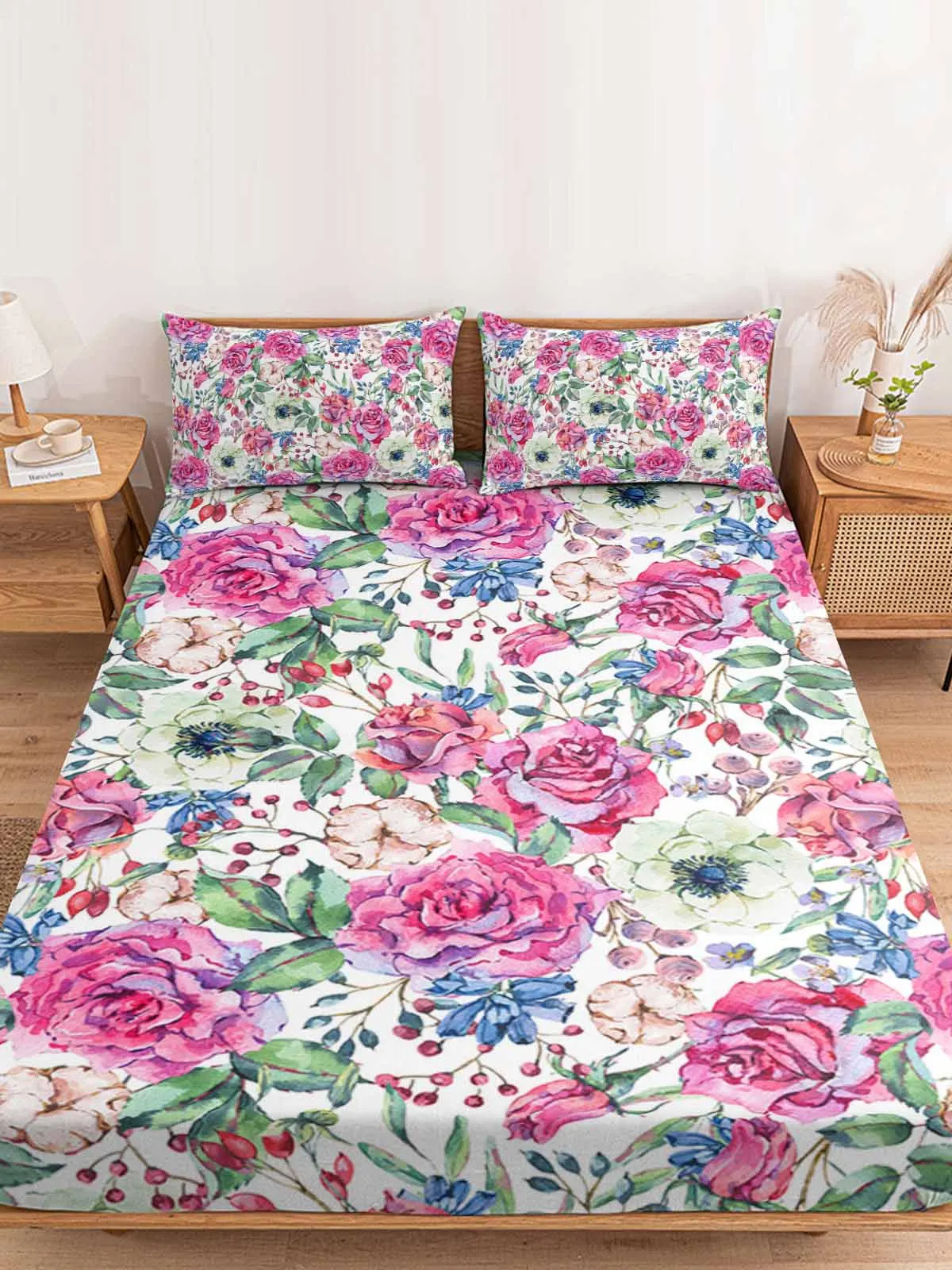 

Watercolor Flower Rose Wild Fruit Fitted Bed Sheet Cover Elastic Band Anti-slip Mattress Protector for Single Double King