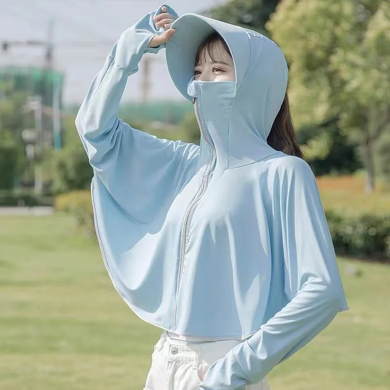 Sun-Protective Clothing Jacket Women Contrast Color Sun Hat Hooded Coat for Summer Lady Long Sleeve Clothing Breathable Veil
