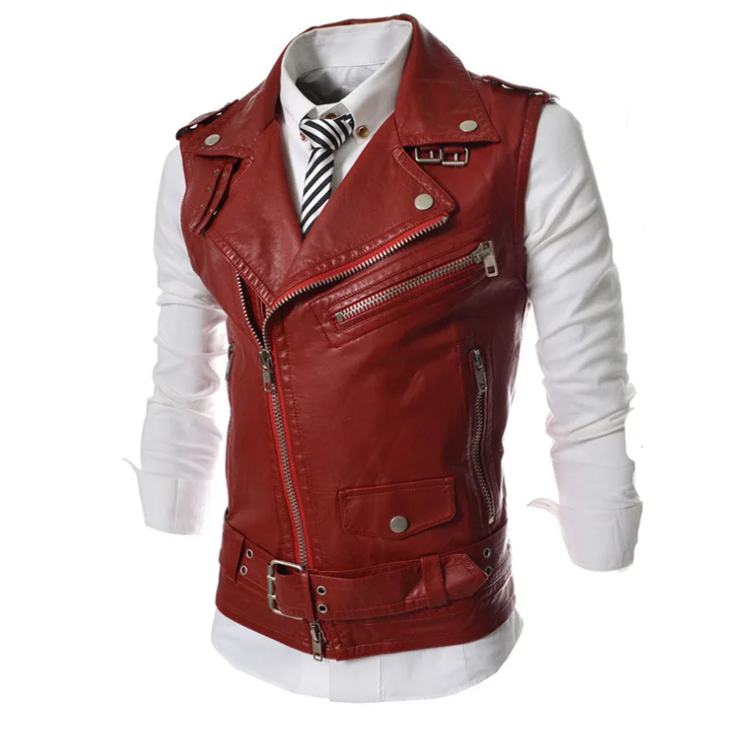 Men's Leather Waistcoat Korean Slim Fit Zipper Lapel Short Leather Waistcoat Vest Coat Solid Color