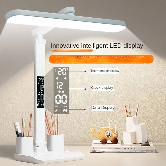 Lampada da scrivania per studenti con orologio a LED, lampada da lettura dimmerabile per la cura degli occhi, ricaricabile tramite USB e plug-in CA, doppia testa 180 °   Girevole per 3